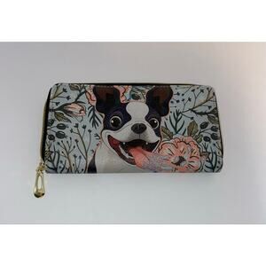Boston Terrier Floral Zip Around Wallet Clutch Dog Print Faux Leather EUC